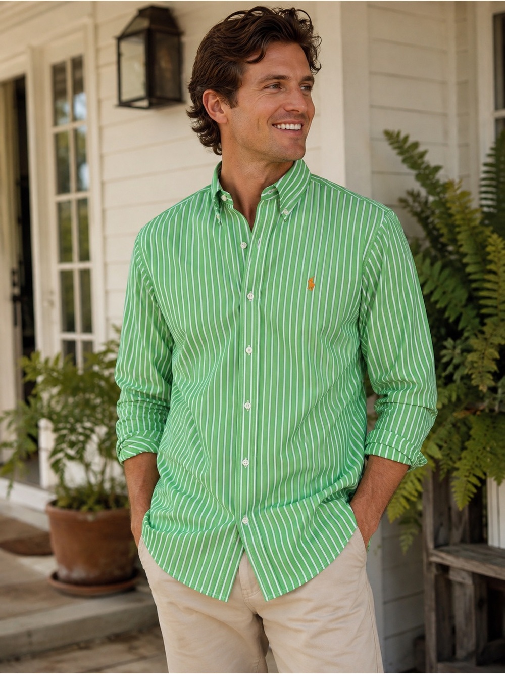 Ralph Lauren Large Green Striped Long Sleeve Button Down Orange Pony #1094CL